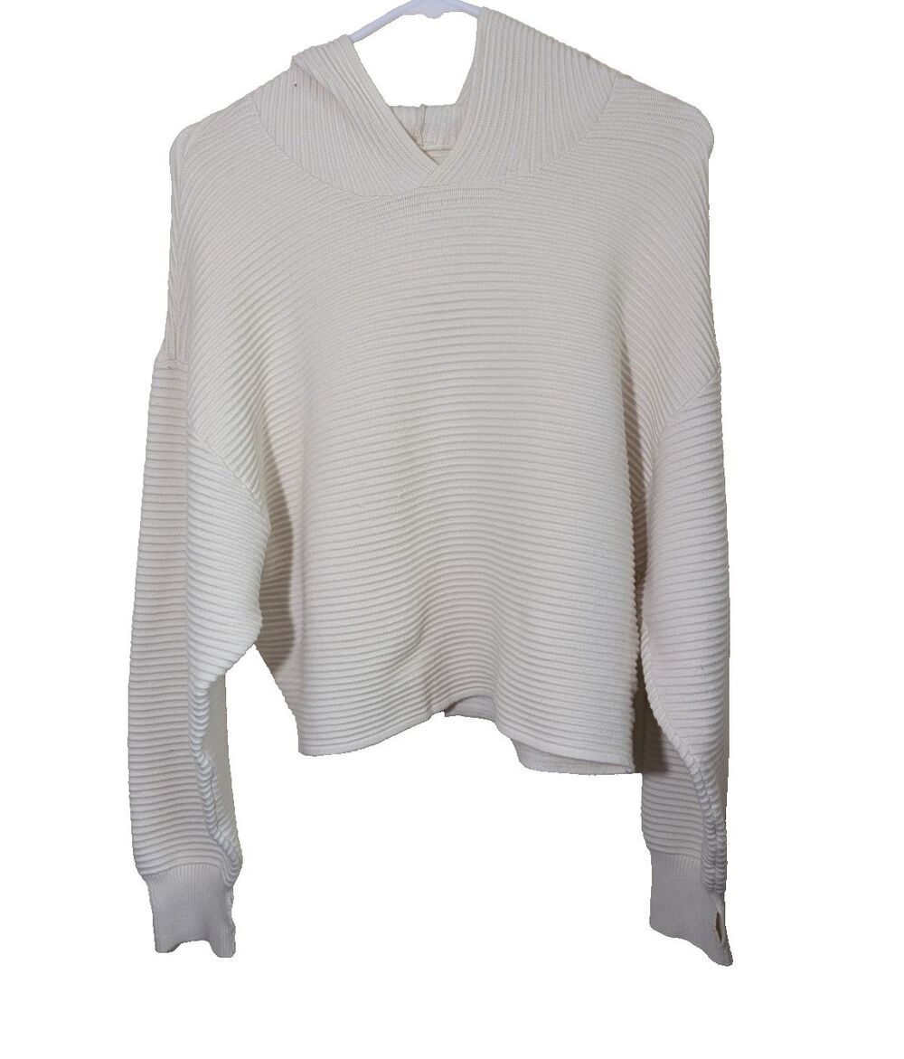 Offline By Aerie Ribbed Hooded Sweater Cream Thumb Holes Oversized XS